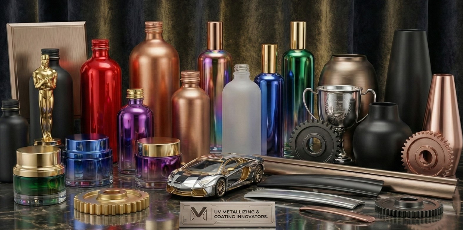 MSF GLOBAL UV Vacuum Metalizing Coating Line – PVD Vacuum Chamber UV Line for Perfume Caps/Glass, Mirror Chrome/Aluminum Deposition, Base Coat Spray, PLC Controls for Cosmetics Packaging 